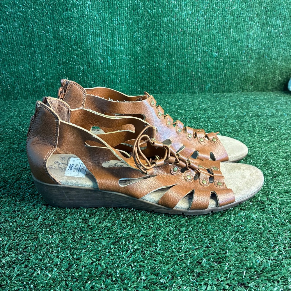Baretraps Easton Gladiator Lace Up Wedge Sandal Brown Leather Womens Sz 11 Wide